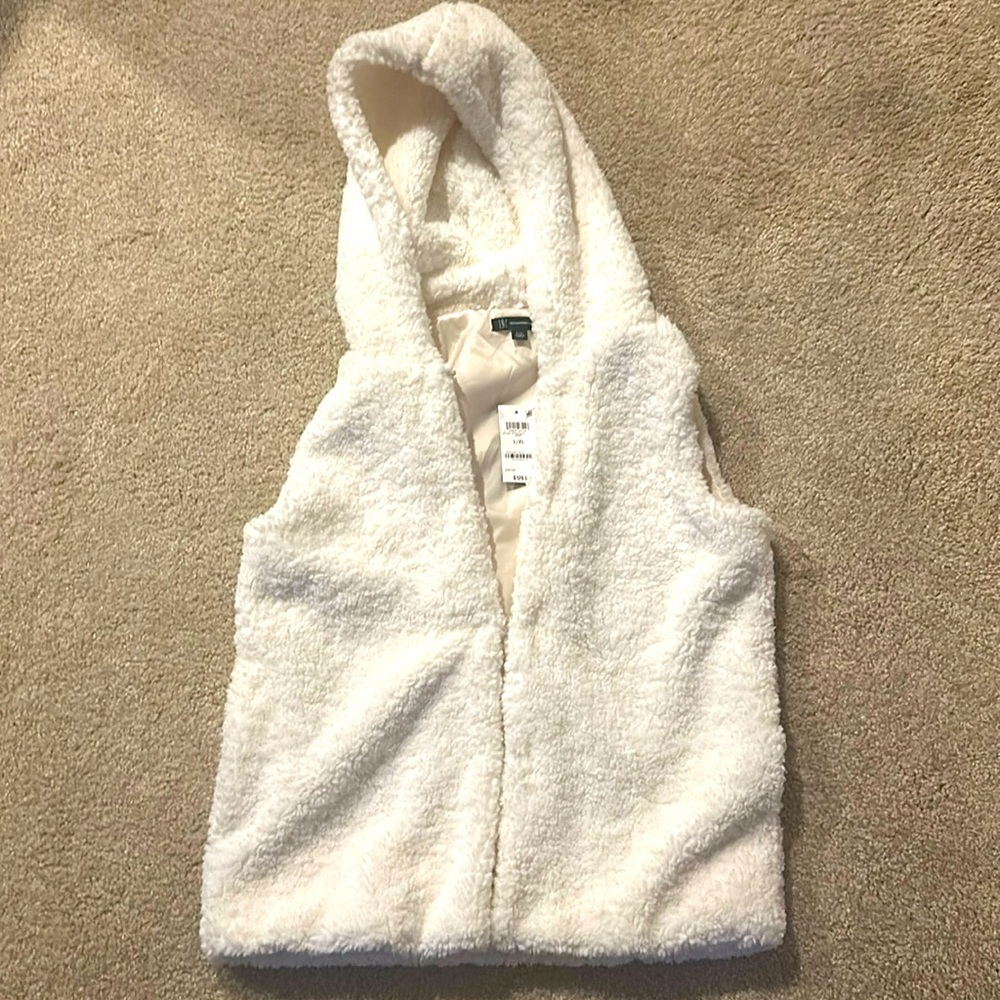 NEW Inc International Concepts Faux-Fur Ivory Hooded Vest Size L / XL